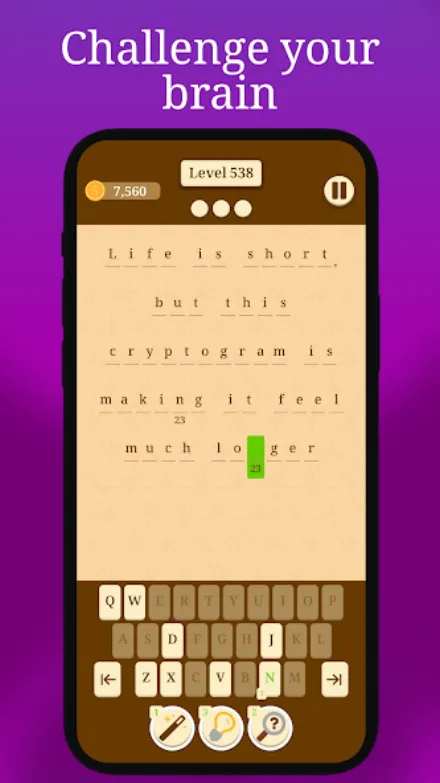 Grelha de cryptogram com citação cifrada e teclado no ecrã