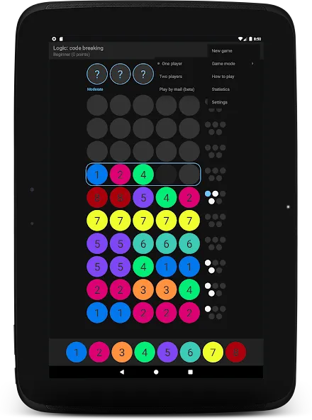 Tabuleiro do jogo de adivinhar uma sequência de cores
